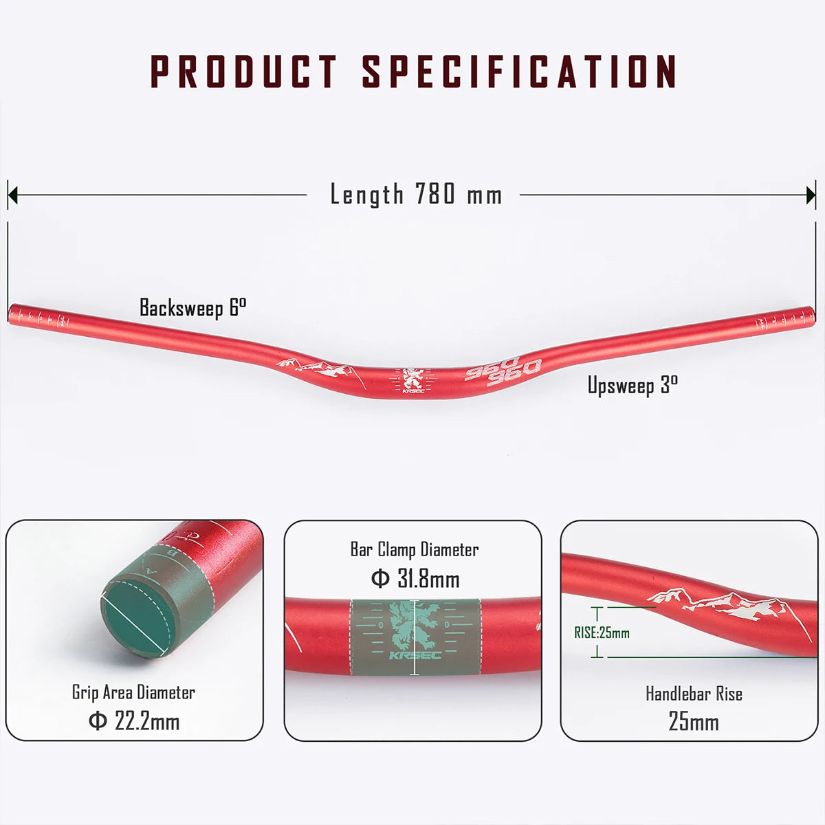 KRSEC MTB Handlebar 31.8mm - 780mm Wide, 25mm